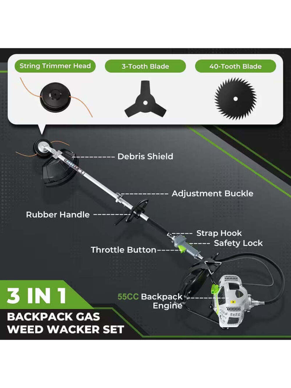 3-in-1 Gas Powered Weed Wacker, 2-Stroke Backpack